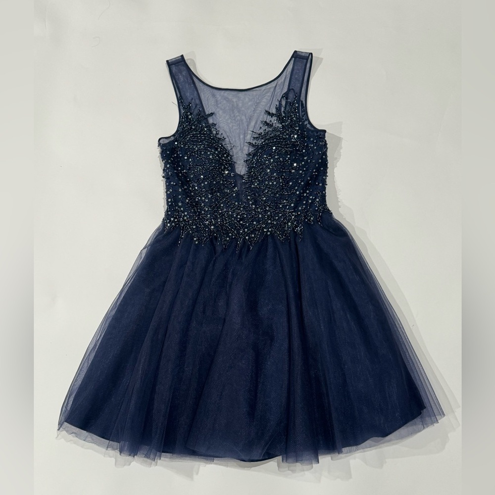 Basix Black Label Mesh Navy Blue Embellish Fit Flare Dress Size 4